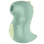 Stimulateur Din-Oooh de Satisfyer en forme de dinosaure, silicone vert sauge à crêtes claires, vue de trois quarts