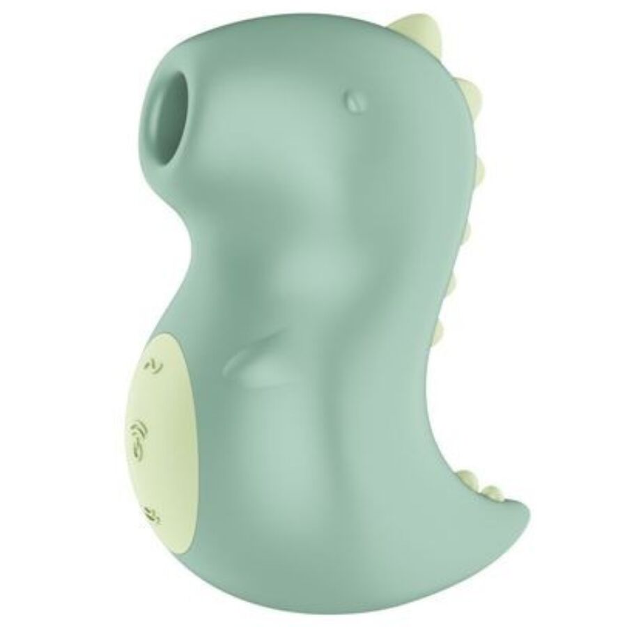 Stimulateur Din-Oooh de Satisfyer en forme de dinosaure, silicone vert sauge à crêtes claires, vue de trois quarts