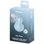Boîte d'emballage Satisfyer Sea Pony bleue, mentions Air Pulse + Vibration et Touch-Free Clitoris Stimulation