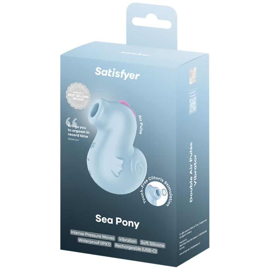 Boîte d'emballage Satisfyer Sea Pony bleue, mentions Air Pulse + Vibration et Touch-Free Clitoris Stimulation