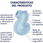 Infographie des caractéristiques du Sea Pony : stimulation clitoridienne sans contact, silicone inoffensif, 2 moteurs séparés, design d'hippocampe
