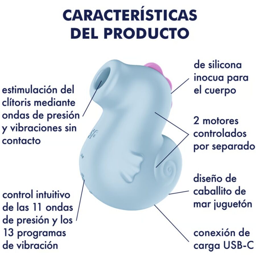 Infographie des caractéristiques du Sea Pony : stimulation clitoridienne sans contact, silicone inoffensif, 2 moteurs séparés, design d'hippocampe