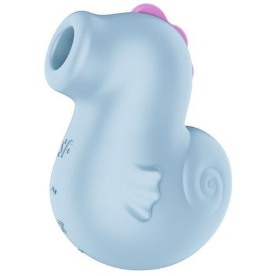 Stimulateur Sea Pony de Satisfyer en forme d'hippocampe, silicone bleu pâle à crinière rose, vue de trois quarts