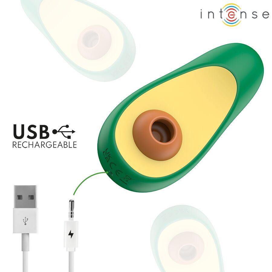 Stimulateur clitoridien avocat Intense présenté avec son cable USB rechargeable, design fruit en silicone et orifice de succion pour la stimulation du clitoris.