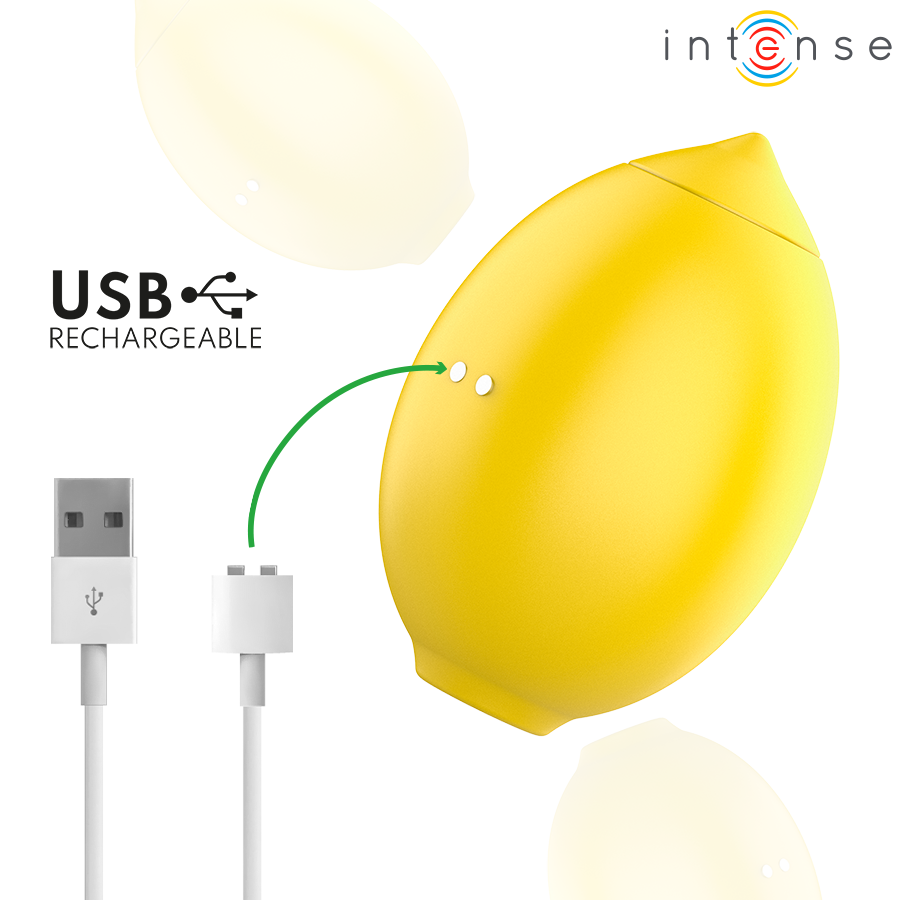 Stimulateur clitoridien citron Intense présenté avec son cable USB rechargeable, design fruit jaune et embout de succion pour la stimulation clitoridienne.