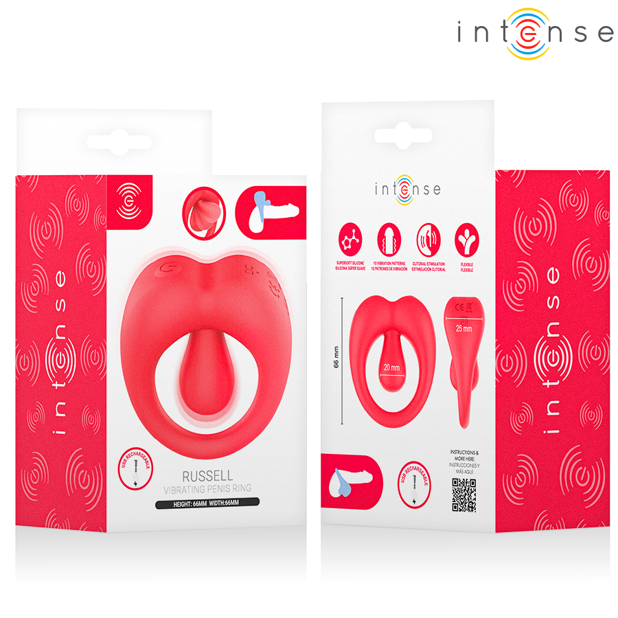 Emballage Intense Russell, faces avant et arrière avec pictogrammes silicone doux, 10 modes, stimulation clitoridienne et flexible