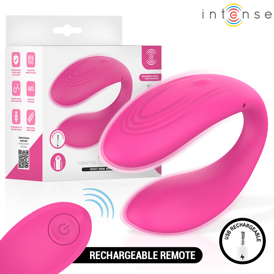 Nora stimulateur à pince vibrante rose — packaging et rendu du produit avec pictogrammes des caractéristiques et télécommande