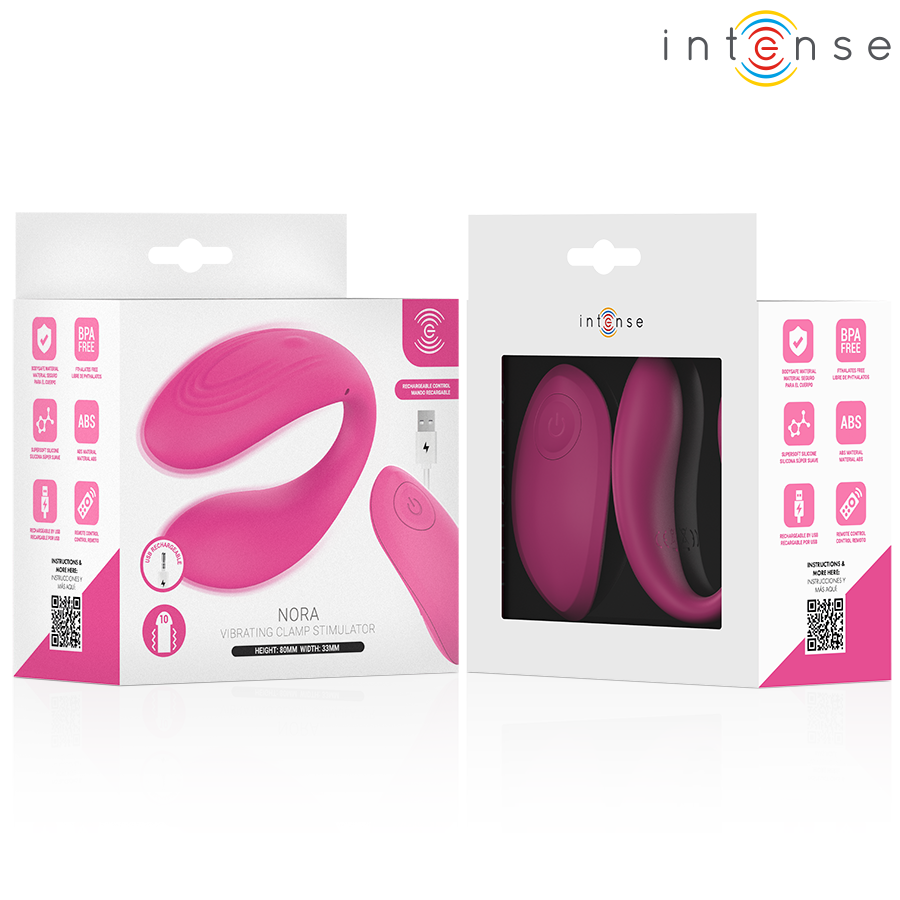 Nora stimulateur à pince vibrante rose — schéma de la recharge USB avec détail du port de charge magnétique