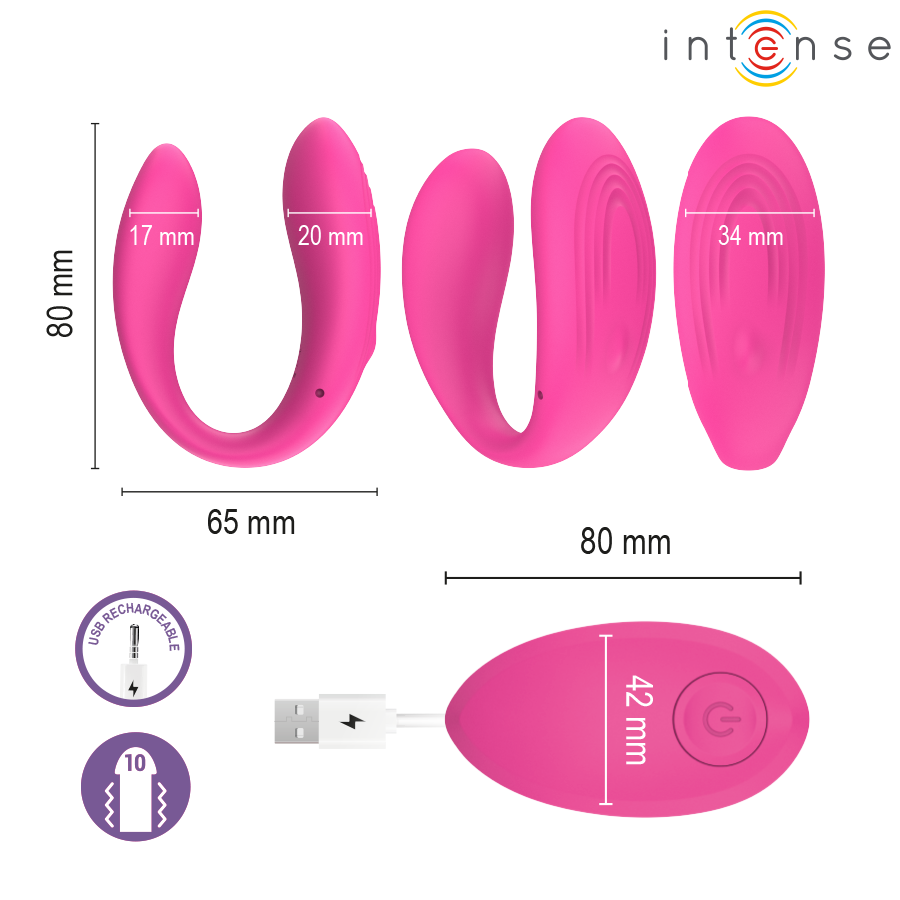 Nora stimulateur à pince vibrante rose — rendu 3D en position ouverte en U, avec pictogrammes des caractéristiques et télécommande