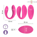 Nora stimulateur à pince vibrante rose — rendu 3D en position ouverte en U, avec pictogrammes des caractéristiques et télécommande