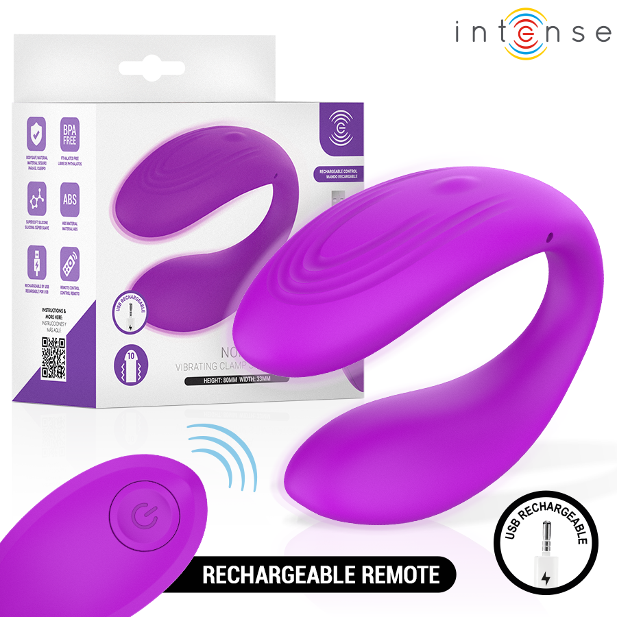 Nora stimulateur à pince vibrante violet — packaging et rendu du produit avec pictogrammes des caractéristiques et télécommande