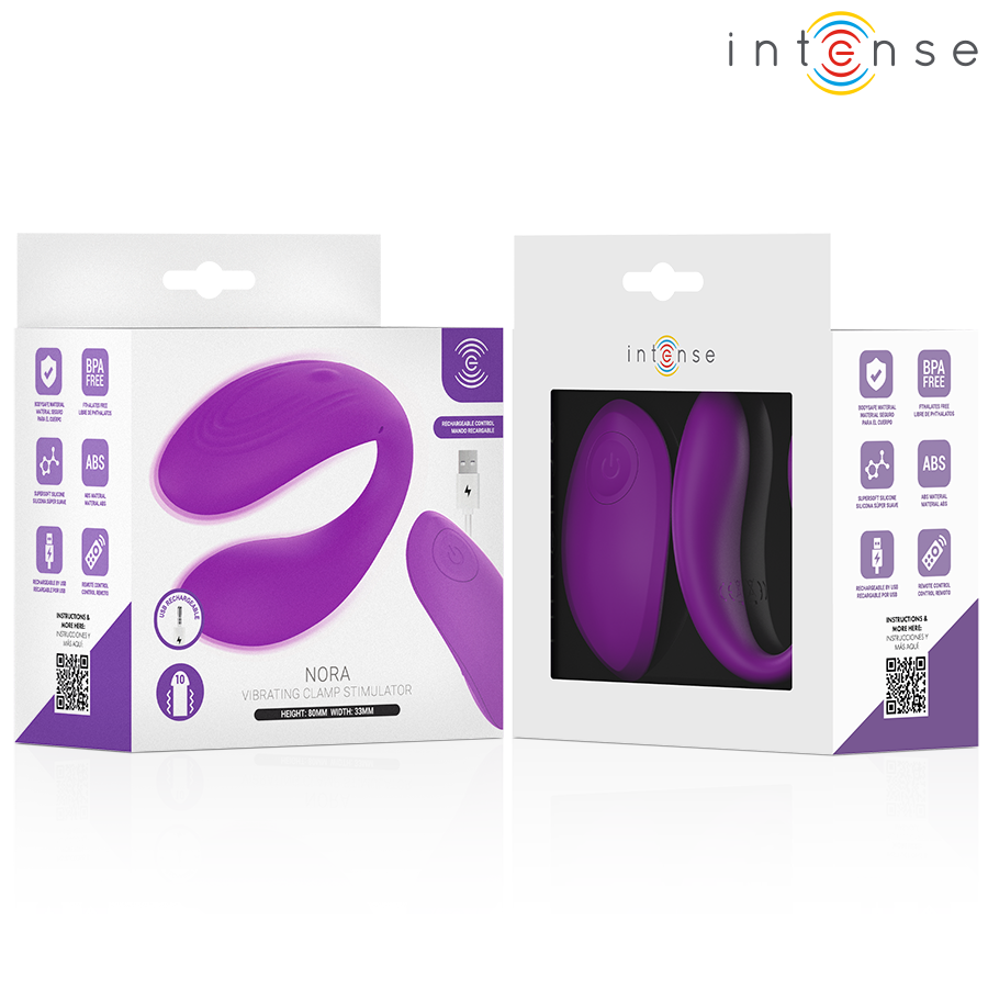 Nora stimulateur à pince vibrante violet — tenue en main fermée, gros plan sur le silicone, ongles violets