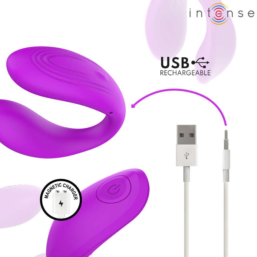 Nora stimulateur à pince vibrante violet — rendu 3D en position ouverte en U, avec pictogrammes des caractéristiques et télécommande