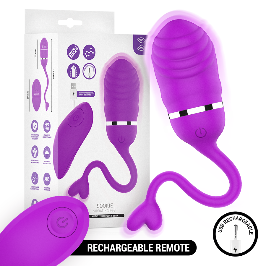 Sookie œuf vibrant violet — vu de dos avec certifications CE et UKCA gravées sur l'œuf, télécommande de profil