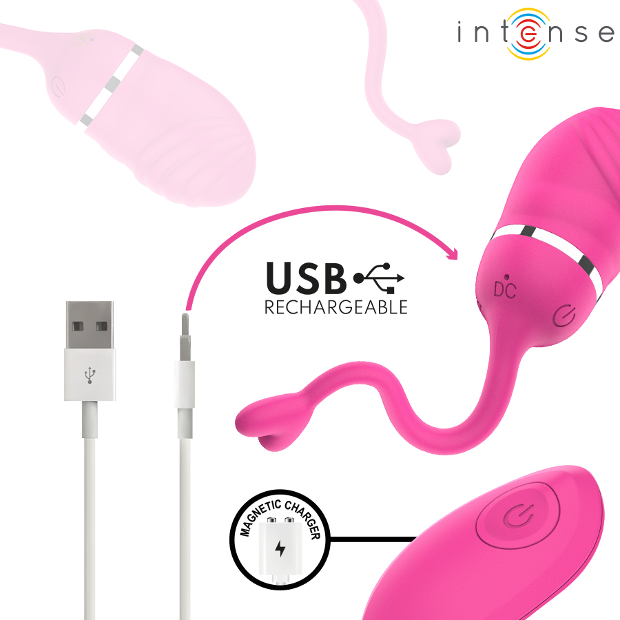 Sookie œuf vibrant rose — schéma de la recharge USB avec détail du port de charge magnétique