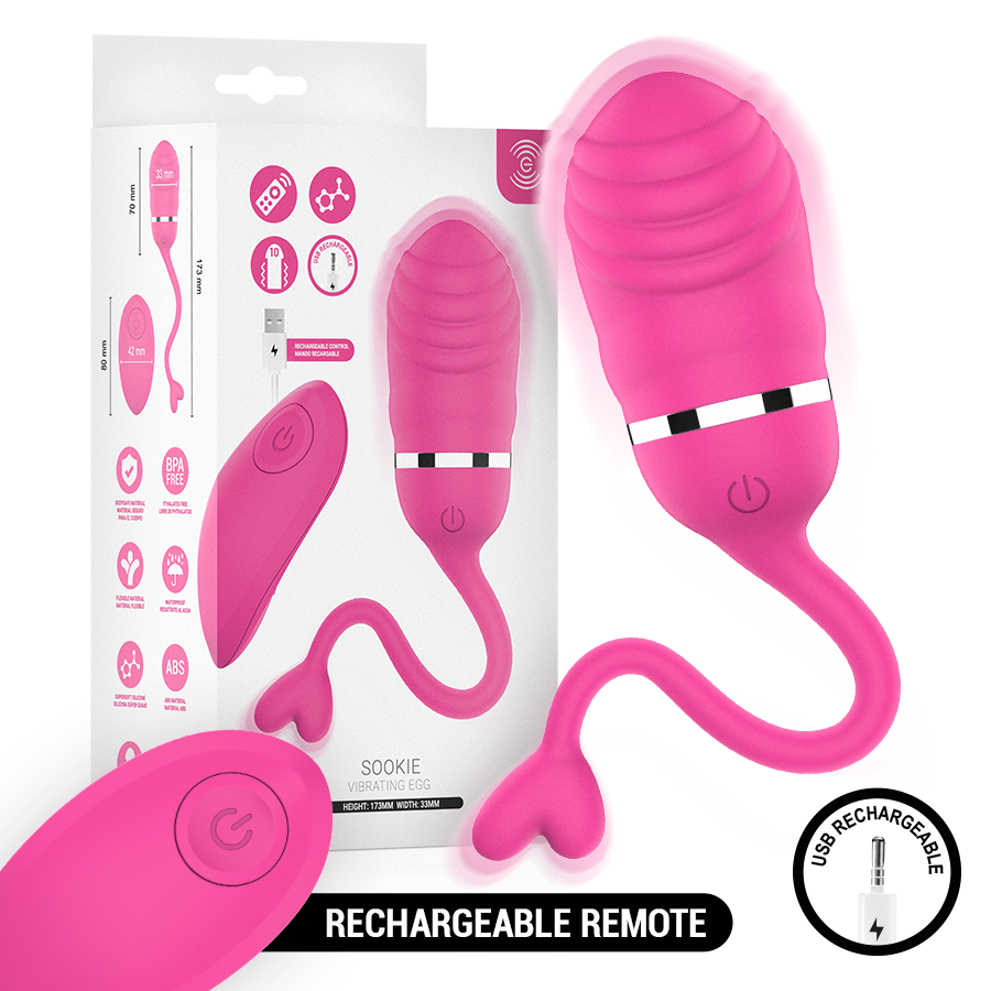 Sookie œuf vibrant rose — packaging et rendu du produit avec schéma des dimensions (173 x 33 mm) et insert recharge USB