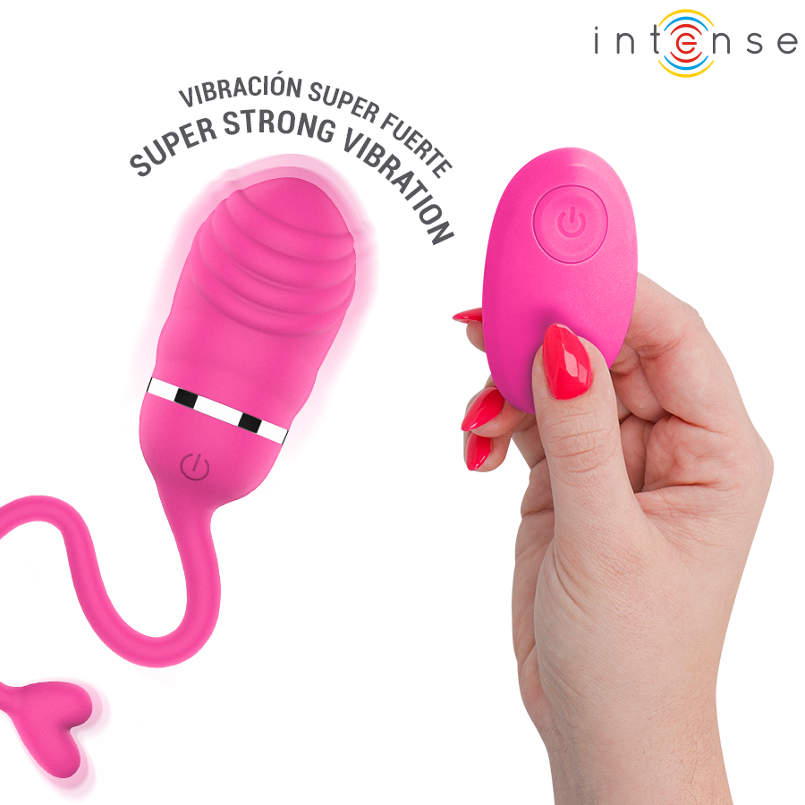 Sookie œuf vibrant rose — main tenant la télécommande, ongles vernis rouges, mention 'vibration super forte' et logo Intense