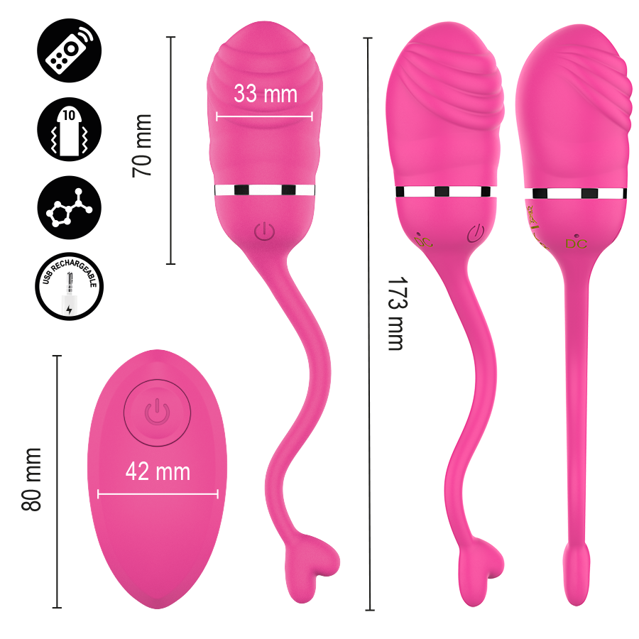 Sookie œuf vibrant rose — schéma détaillé des dimensions de l'œuf (70 x 33 mm, longueur totale 173 mm) et de la télécommande (80 x 42 mm)