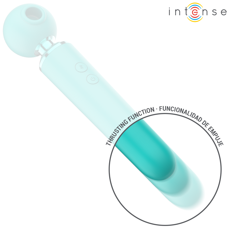 Hamby stimulateur multifonctionnel turquoise — rendu clair avec cercle de détail sur l'extrémité et mention 'fonction de va-et-vient'
