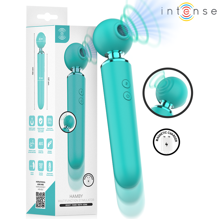 Hamby stimulateur multifonctionnel turquoise — packaging et rendu du produit avec cercles de mouvement autour de la tête et détail de la charge magnétique