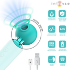 Hamby stimulateur multifonctionnel turquoise — gros plan sur la tête en mouvement avec mention 'succion', grille de 8 pictogrammes des caractéristiques et câble USB