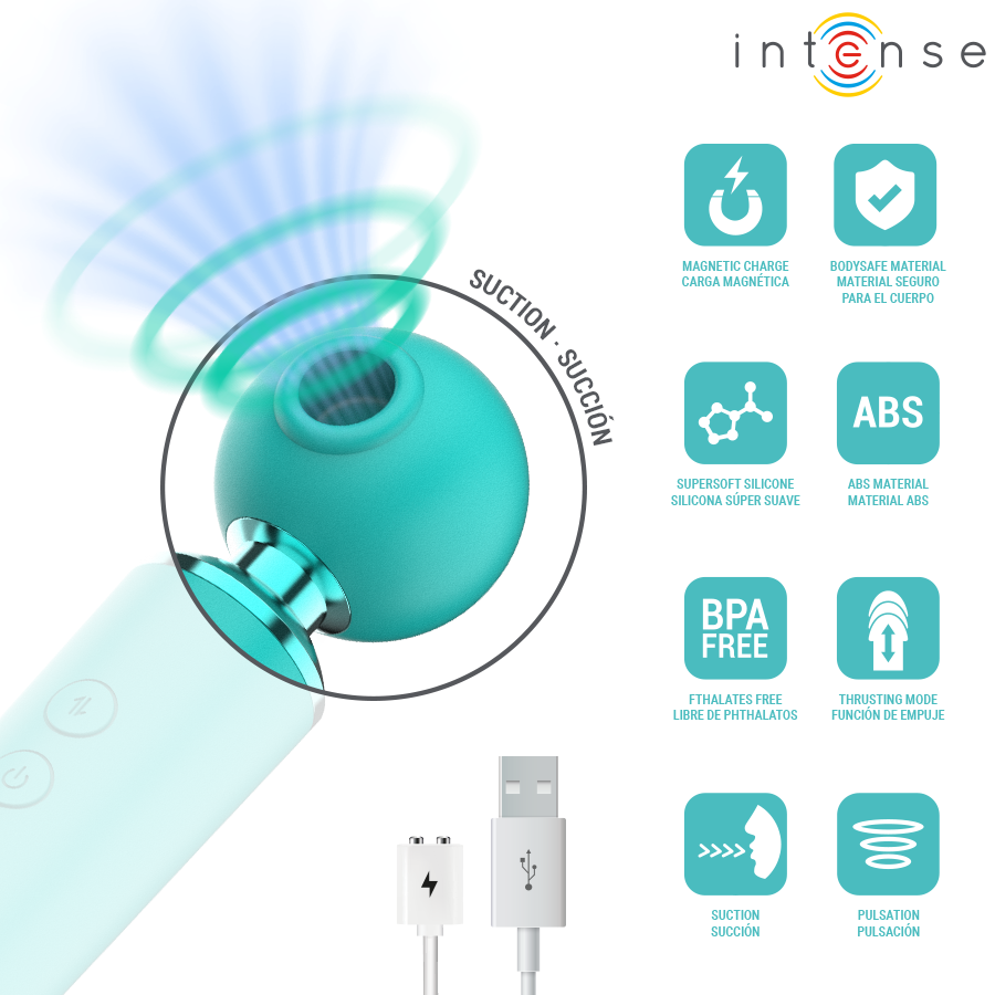 Hamby stimulateur multifonctionnel turquoise — gros plan sur la tête en mouvement avec mention 'succion', grille de 8 pictogrammes des caractéristiques et câble USB