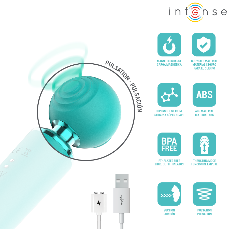 Hamby stimulateur multifonctionnel turquoise — gros plan sur la tête en mouvement avec mention 'pulsation', grille de 8 pictogrammes des caractéristiques et câble USB
