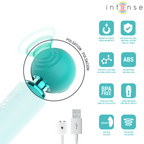 Hamby stimulateur multifonctionnel turquoise — gros plan sur la tête en mouvement avec mention 'pulsation', grille de 8 pictogrammes des caractéristiques et câble USB