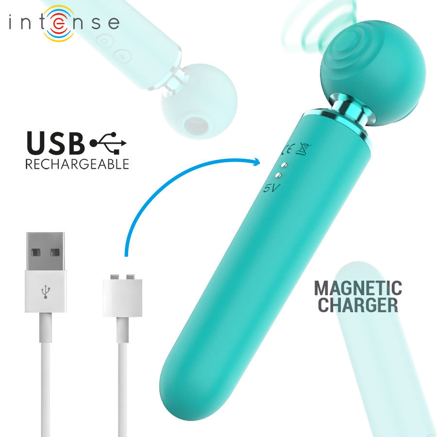 Hamby stimulateur multifonctionnel turquoise — rendu clair avec détail du chargeur magnétique et câble USB