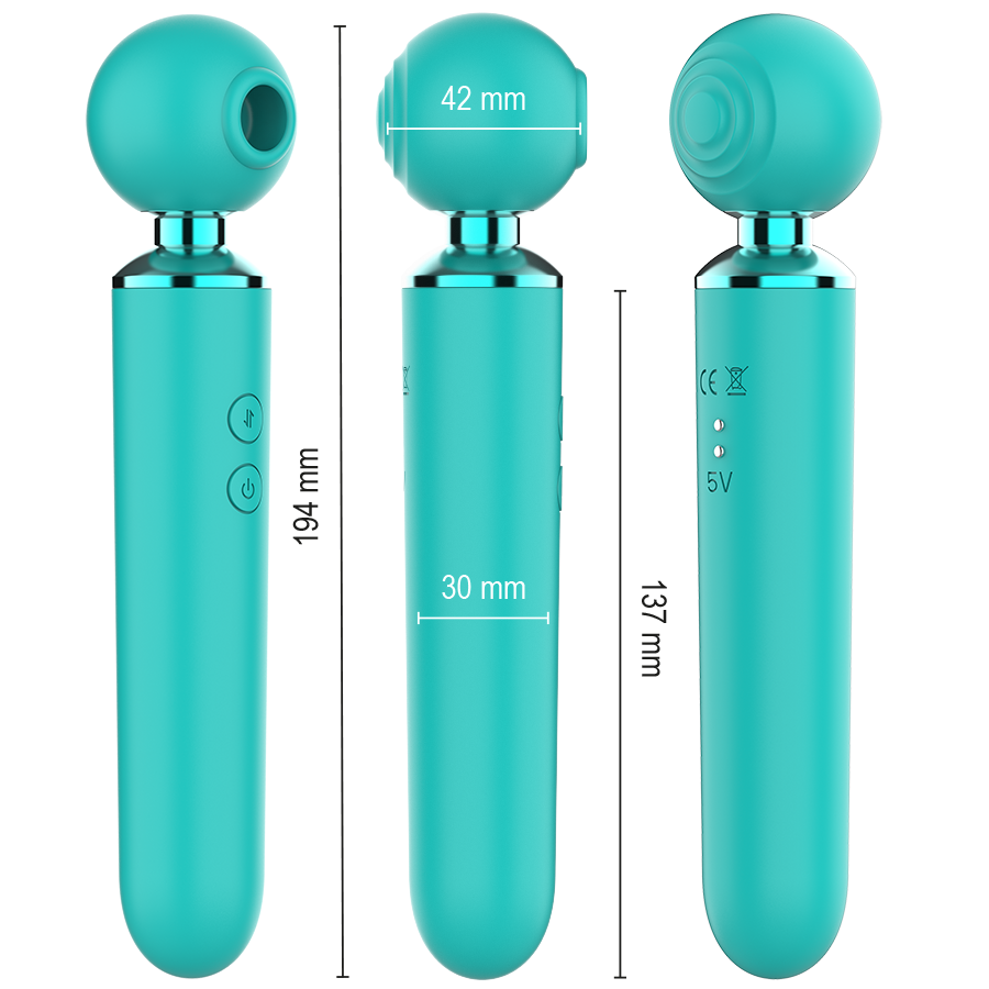 Hamby stimulateur multifonctionnel turquoise — schéma des dimensions sous trois angles (hauteur totale 194 mm, tête 42 mm, manche 30 mm, longueur 137 mm)