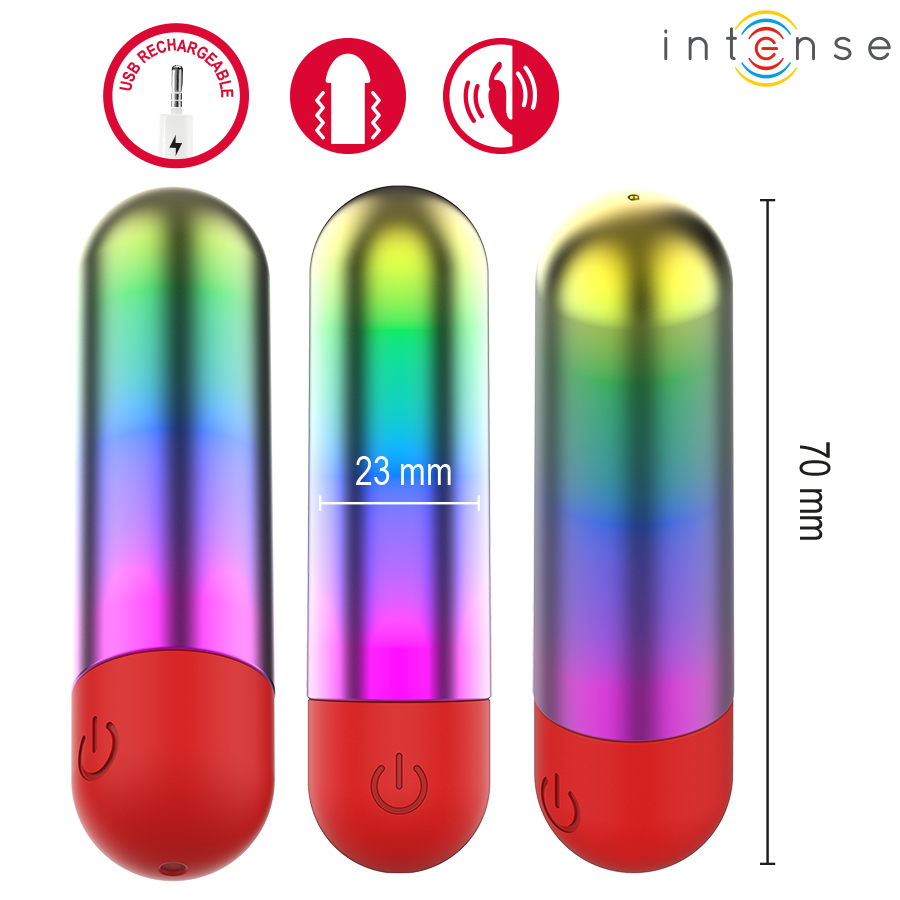 Debbie balle vibrante arc-en-ciel — trois rendus sous différents angles avec cote de diamètre (23 mm) et de hauteur (70 mm)