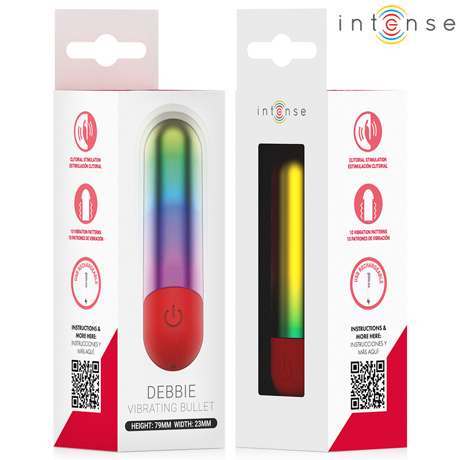 Debbie balle vibrante arc-en-ciel — packaging recto-verso avec fenêtre découpée montrant le produit à l'intérieur de la boîte