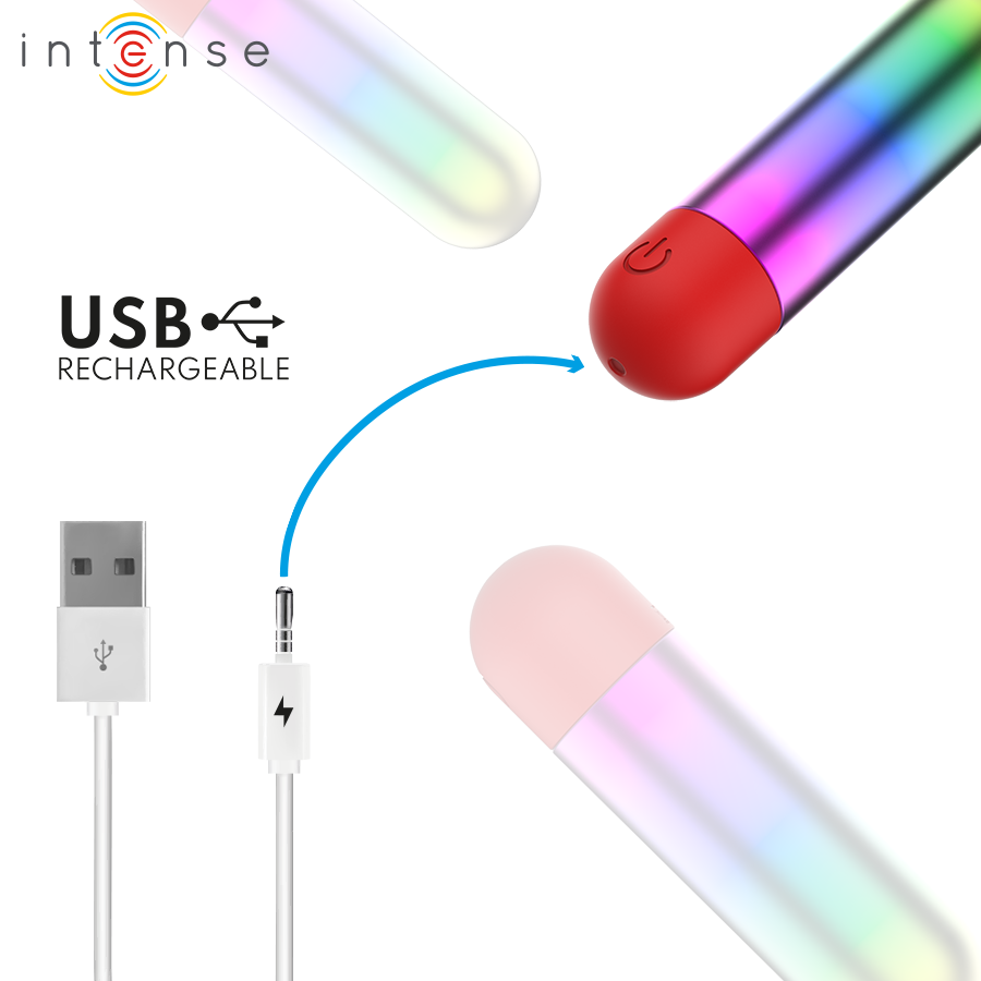 Debbie balle vibrante arc-en-ciel — schéma de la recharge USB avec détail du câble et du port au dos de la base rouge