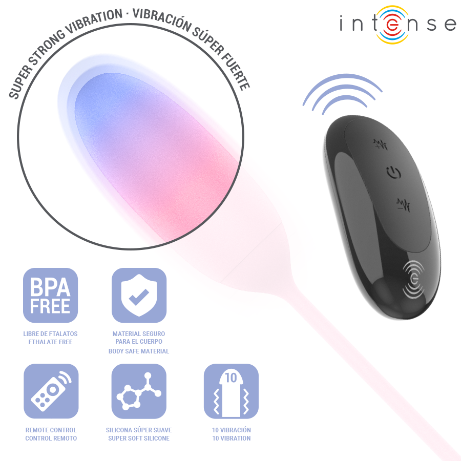 Pamela vibrateur dégradé bleu-rose — gros plan sur la tête avec mention 'vibration super forte' et télécommande noire sans fil