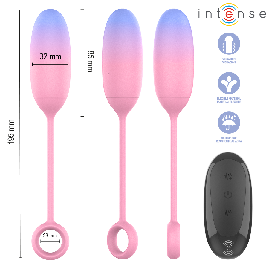 Pamela vibrateur dégradé bleu-rose — schéma des dimensions sous trois angles (hauteur 195 mm, tête 85 x 32 mm, anneau 23 mm) et télécommande