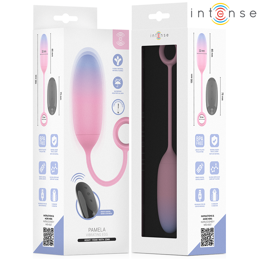 Pamela vibrateur dégradé bleu-rose — packaging recto-verso avec fenêtre découpée montrant le produit à l'intérieur de la boîte