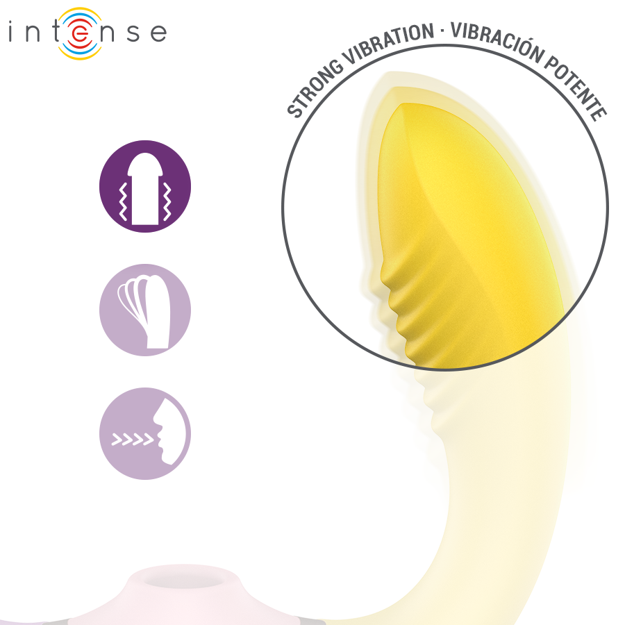 Willow stimulateur à succion et vibration 3 en 1 violet et jaune — gros plan sur le bras jaune strié avec mention 'vibration forte'