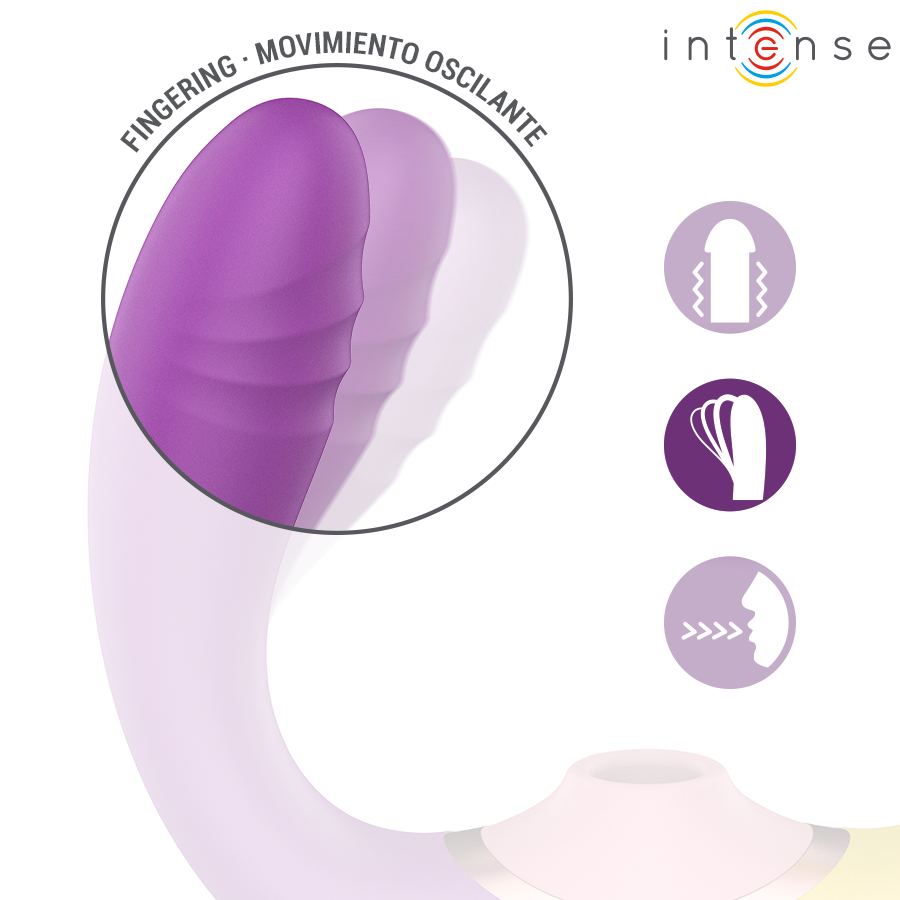 Willow stimulateur à succion et vibration 3 en 1 violet et jaune — gros plan sur le bras violet strié avec mention 'mouvement oscillant'
