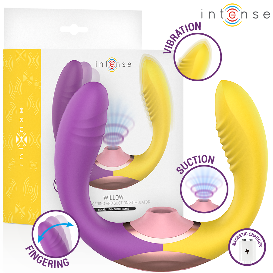 Willow stimulateur à succion et vibration 3 en 1 violet et jaune — packaging et rendu du produit avec inserts détaillant vibration, succion et mouvement oscillant du bras violet