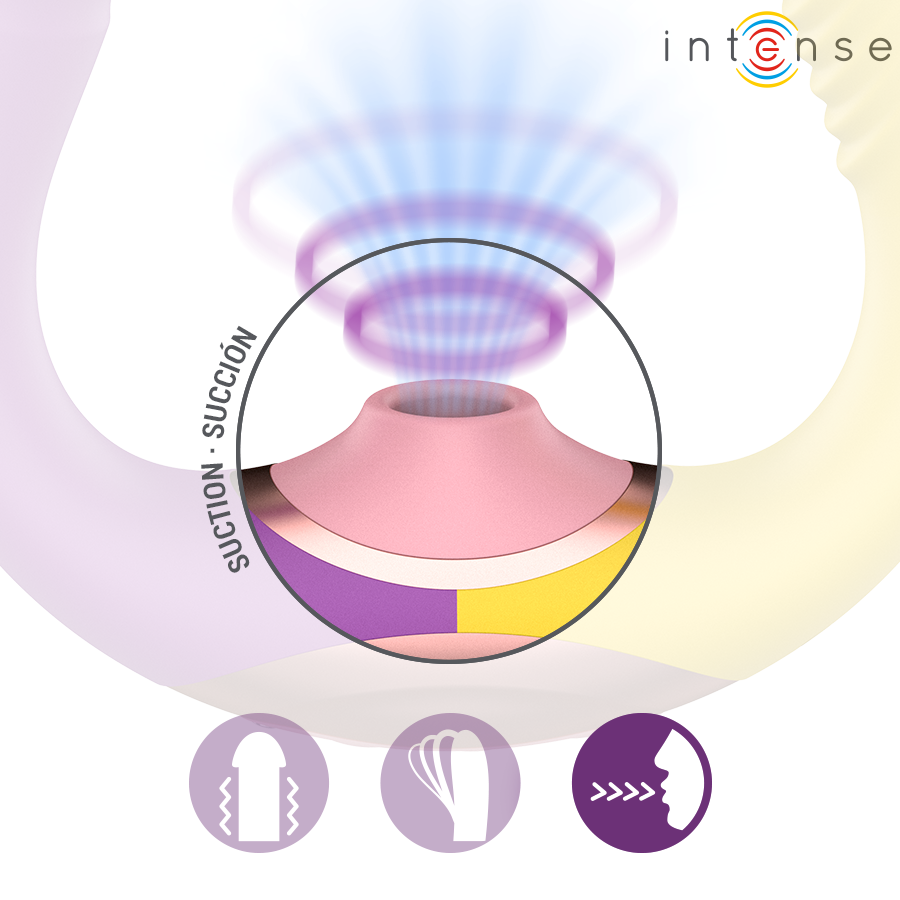 Willow stimulateur à succion et vibration 3 en 1 violet et jaune — gros plan sur la ventouse centrale rose en action de succion