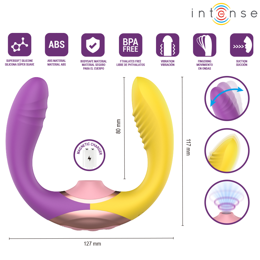 Willow stimulateur à succion et vibration 3 en 1 violet et jaune — schéma des dimensions (127 mm de largeur, 117 mm de hauteur, bras de 80 mm) avec grille de 7 pictogrammes des caractéristiques et inserts de détail par fonction