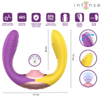 Willow stimulateur à succion et vibration 3 en 1 violet et jaune — schéma des dimensions (127 mm de largeur, 117 mm de hauteur, bras de 80 mm) avec grille de 7 pictogrammes des caractéristiques et inserts de détail par fonction