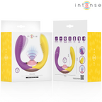 Willow stimulateur à succion et vibration 3 en 1 violet et jaune — packaging recto-verso avec grille de pictogrammes et schéma des dimensions