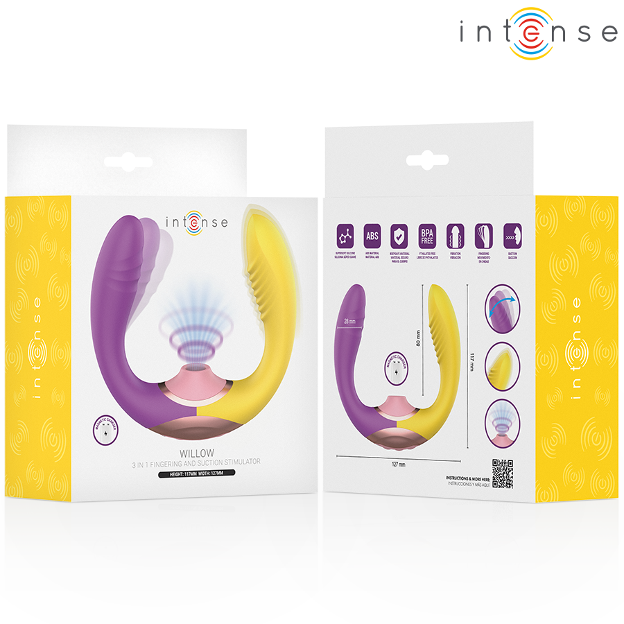 Willow stimulateur à succion et vibration 3 en 1 violet et jaune — packaging recto-verso avec grille de pictogrammes et schéma des dimensions