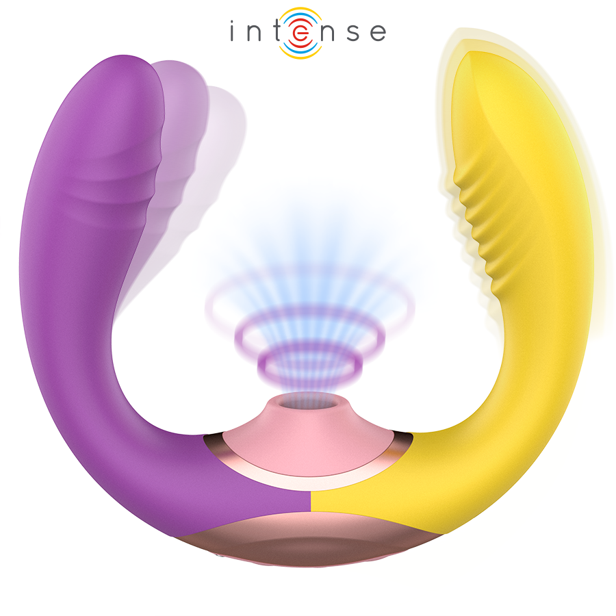 Willow stimulateur à succion et vibration 3 en 1 violet et jaune — rendu flottant avec animation de la succion au centre de la ventouse rose