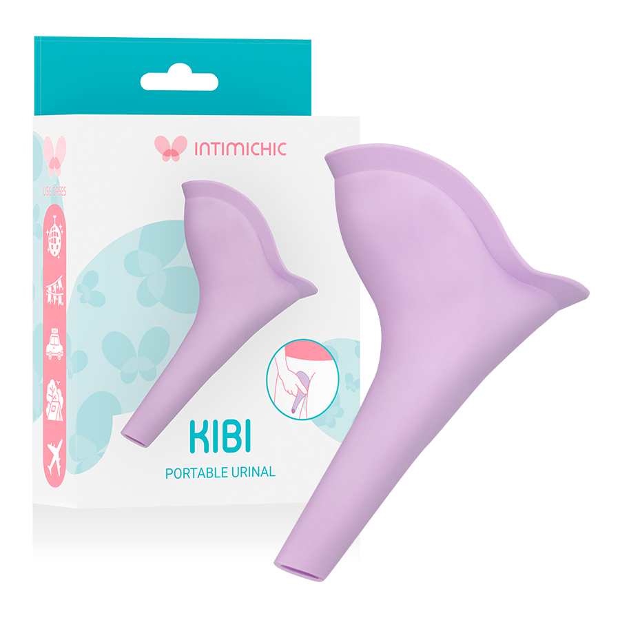 Emballage turquoise et lilas du Kibi Intimichic, urinoir portable pose a cote avec vue rapprochee de la forme evasee