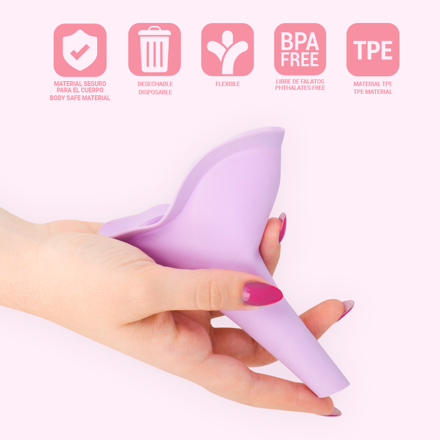 Main tenant le Kibi lilas, avec pictogrammes matiere (sur pour le corps, jetable, flexible, sans phtalates, TPE)