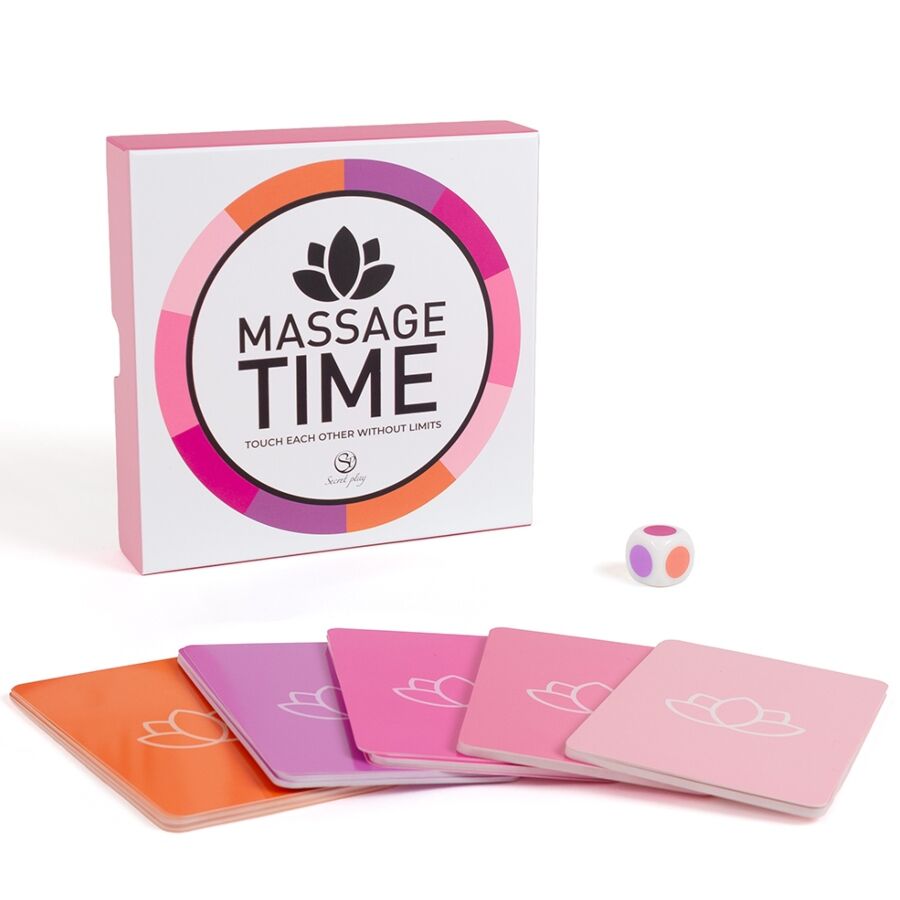 Jeu de couple 'Massage Time' — boîte carrée avec logo fleur de lotus, dé coloré et cinq paquets de cartes de couleurs différentes