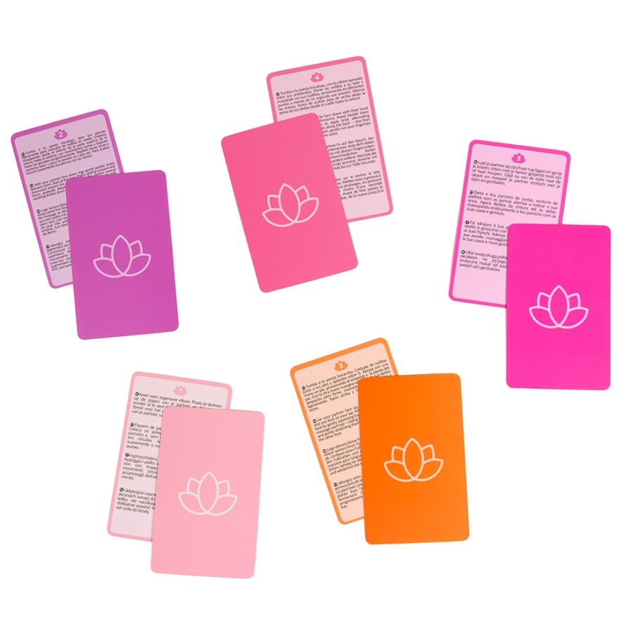 Jeu de couple 'Massage Time' — cinq paires de cartes étalées montrant le dos illustré d'un lotus et le texte d'un défi de massage au recto