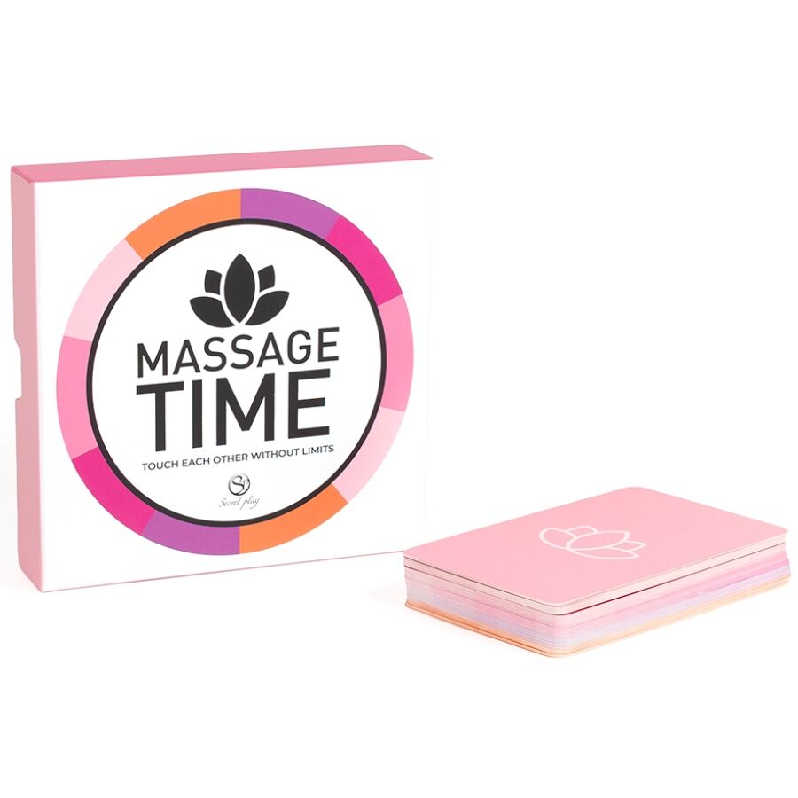 Jeu de couple 'Massage Time' — boîte de trois quarts posée à côté de la pile complète des cartes
